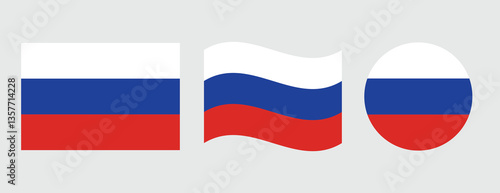 Russia flag symbols set. The national flag of Russia. Blue, white and red colors. Round, square, waving Russian map shape vector banner. Moscow symbol.