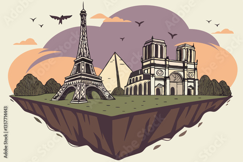 36 Paris landmarks, floating island, Eiffel Tower, Arc de Triomphe, Louvre pyramid, Notre-Dame Cathedral, surreal cityscape, grass base, flying birds, sunset sky, golden hour, dreamlike composition, a