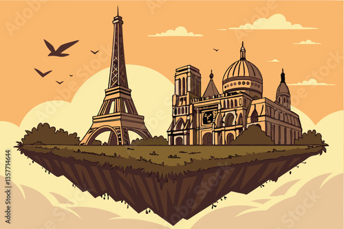 36 Paris landmarks, floating island, Eiffel Tower, Arc de Triomphe, Louvre pyramid, Notre-Dame Cathedral, surreal cityscape, grass base, flying birds, sunset sky, golden hour, dreamlike composition, a