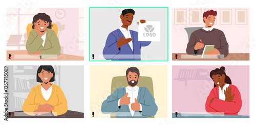 Company employees team telecommuting participating in online business meeting cartoon scene