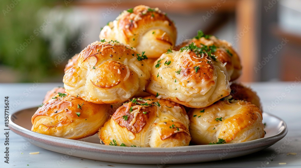 Warm cheese-stuffed garlic knots stacked with herbs, melted cheese pull perfect for comfort food branding and appetizer photography Warm cheese-stuffed garlic knots stacked with herbs, melted cheese pull perfect for comfort food branding and appetizer photography