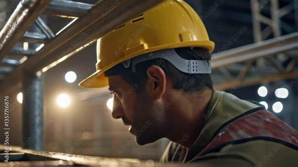 A closeup of a workers brow furrowed in concentration sweat glistening under the site lights illustrating the effort involved in assembling prefabricated structures. A closeup of a workers brow furrowed in concentration sweat glistening under the site lights illustrating the effort involved in assembling prefabricated structures.