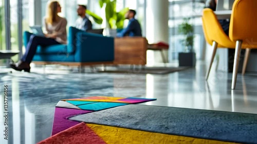 Business Meeting in Modern Office Lobby With Colorful Decor Generative AI