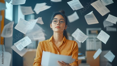 a woman surrounded by flying papers, looking thoughtful and overwhelmed in office 