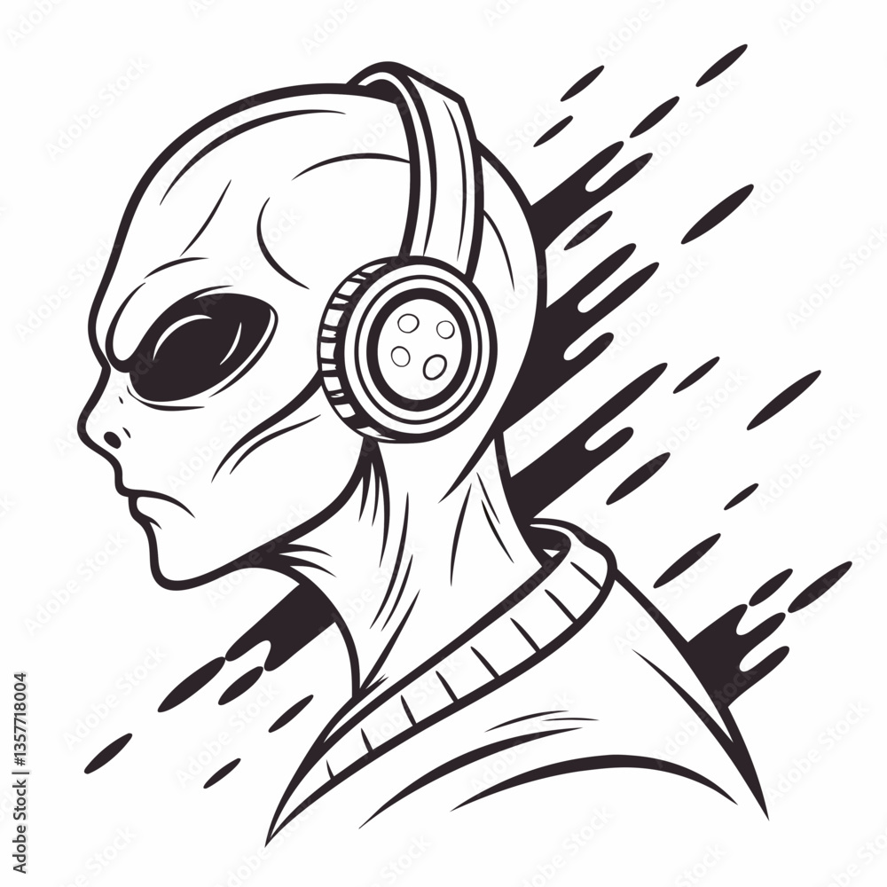 Naklejka premium Alien head wearing headphones with glitch effects vector design