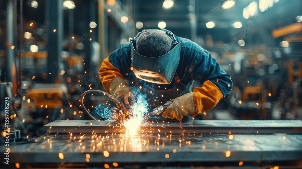 Industrial welder at work. Sparks fly Industrial welder at work. Sparks fly