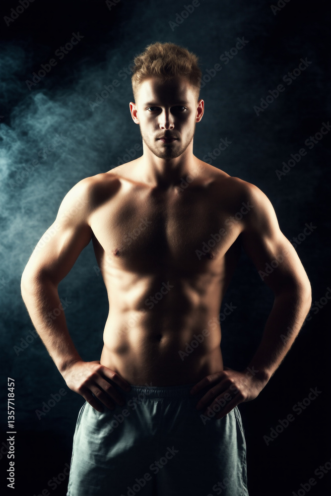 Fototapeta premium A muscular, shirtless blonde man with a strong, athletic physique stands confidently in a dark, smoky environment, wearing light gray shorts, showcasing his toned abs, chest, and arms.