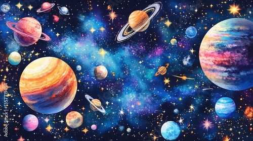 Fototapeta Naklejka Na Ścianę i Meble -  Cinematic space odyssey scene with planets stars and cosmic wonder on a vibrant space themed background