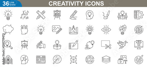 Creativity icons set. Vector illustrations representing art, design, innovation, imagination, digital media, and creative thinking tools for modern visual projects.