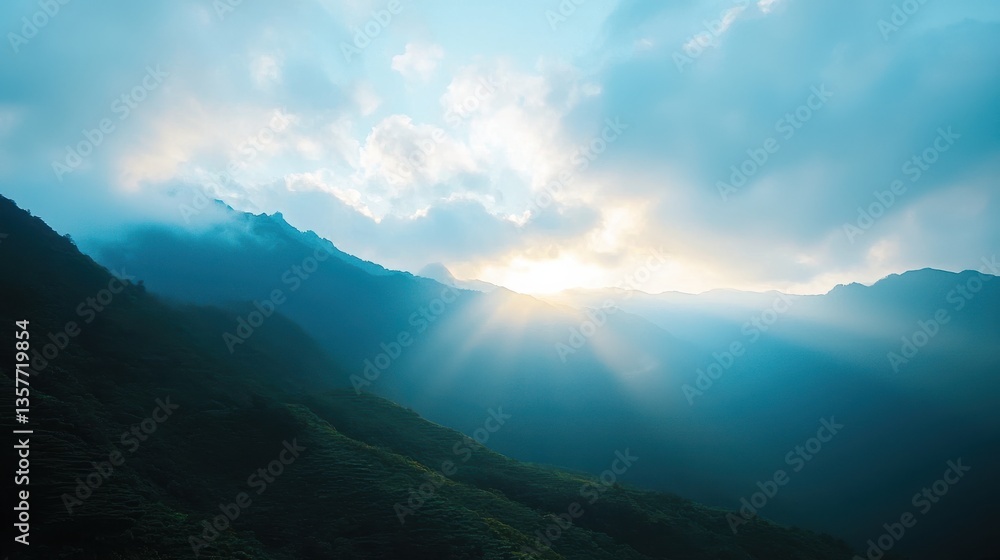 Fototapeta premium A serene mountain landscape with soft sunlight breaking through clouds, creating a tranquil atmosphere.