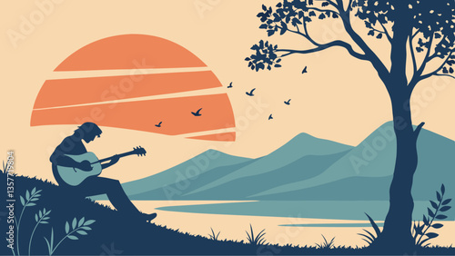 Silhouette of guitarist playing against vibrant sunset backdrop  