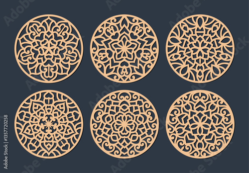 Laser cut patterned coasters, decorative round ornaments.	