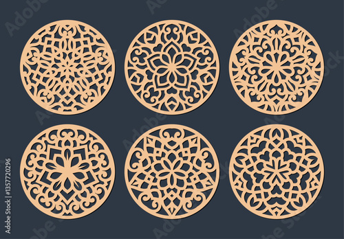 Laser cut patterned coasters, decorative round ornaments.	