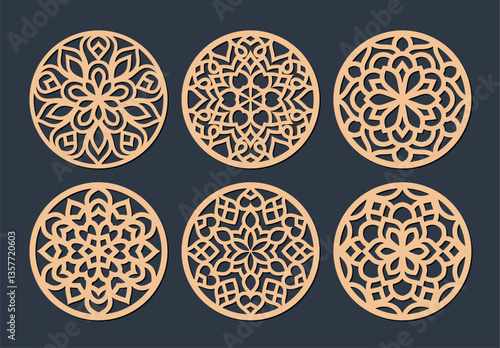 Laser cut patterned coasters, decorative round ornaments.	