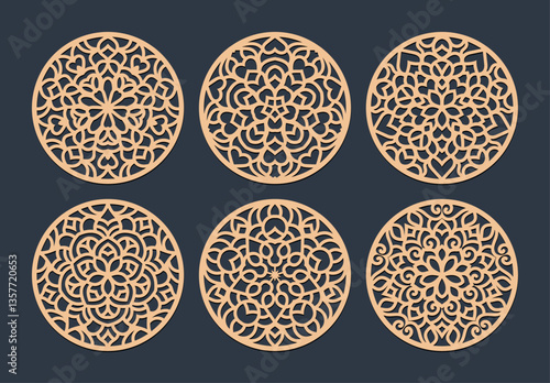 Laser cut patterned coasters, decorative round ornaments.