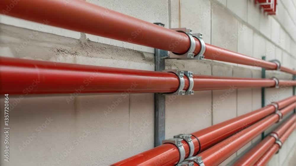 A closeup view of fire suppression tubing being tightly secured with clamps along a wall emphasizing the smooth flexible materials and precision fittings.