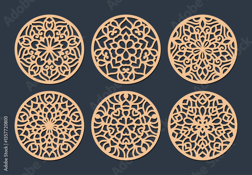 Laser cut patterned coasters, decorative round ornaments.	