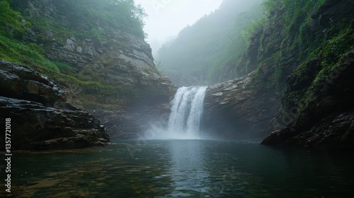 A serene waterfall cascades into a tranquil pool, surrounded by lush greenery and misty mountains, creating a peaceful natural scene.
