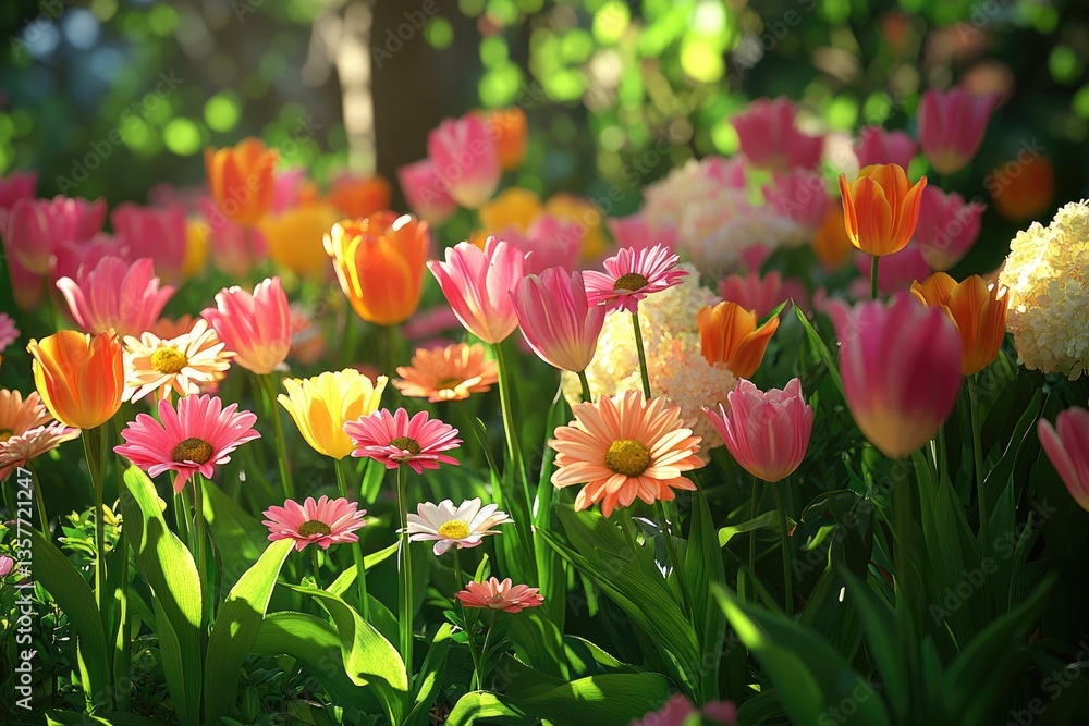 Sunlit garden with vibrant tulips and daisies Sunlit garden with vibrant tulips and daisies