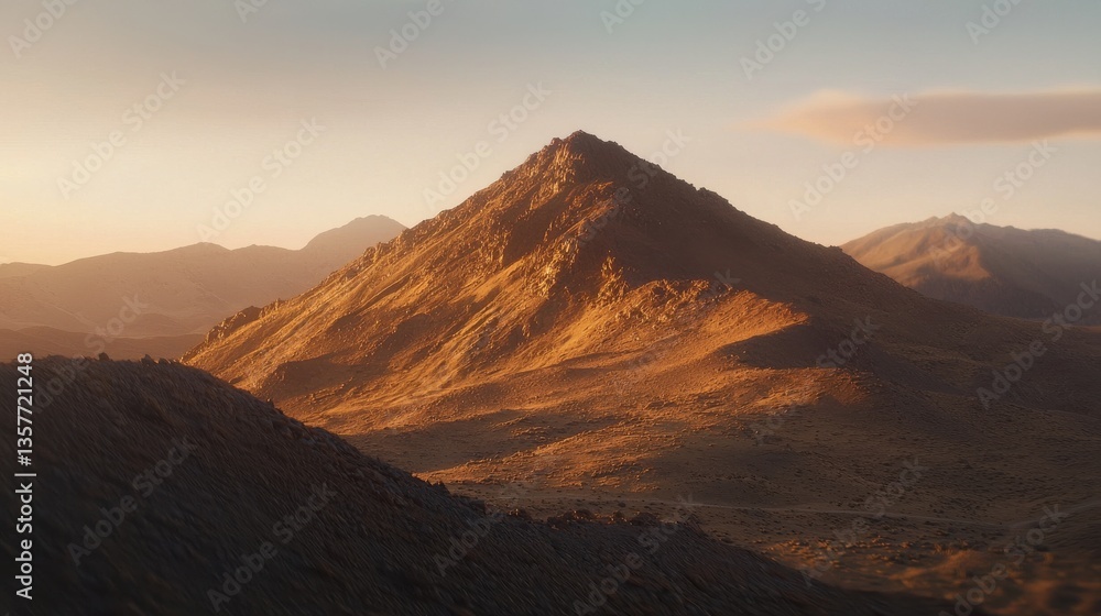 Naklejka premium A stunning mountain landscape at sunset, showcasing rugged terrain illuminated by warm golden light.