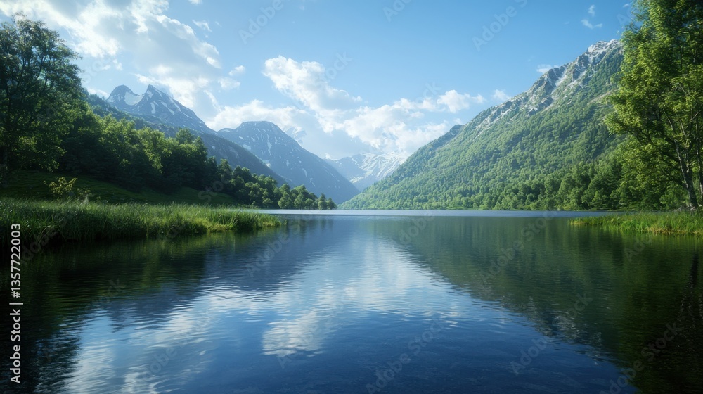 A serene lake surrounded by lush mountains and blue skies, reflecting nature's beauty and tranquility. A serene lake surrounded by lush mountains and blue skies, reflecting nature's beauty and tranquility.