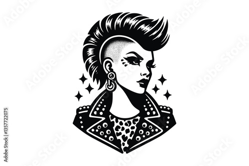Punk woman logo with mohawk, bold makeup, and studded jacket