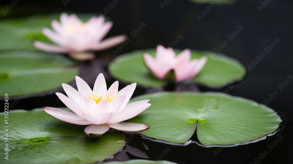 A serene pond scene featuring delicate pink lotus flowers blooming on lush green lily pads amidst dark water. A serene pond scene featuring delicate pink lotus flowers blooming on lush green lily pads amidst dark water.