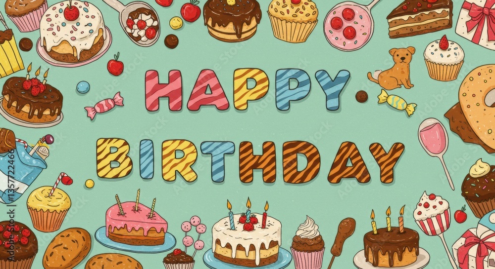 Obraz premium Happy Birthday Cake Card Sweet Treats Design