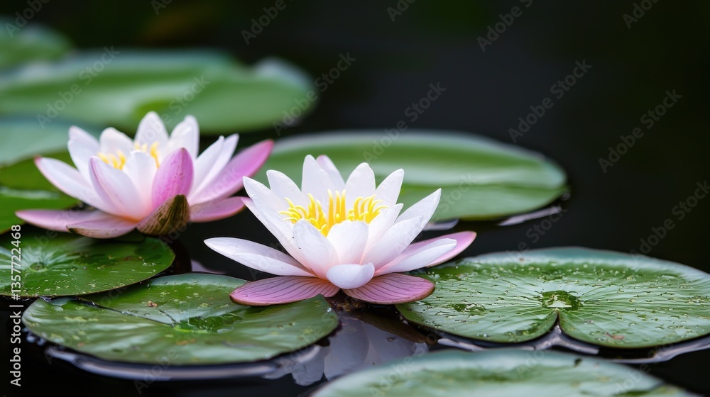Two beautiful pink and white water lilies bloom on green lily pads, floating serenely on still water, creating a tranquil and peaceful scene.