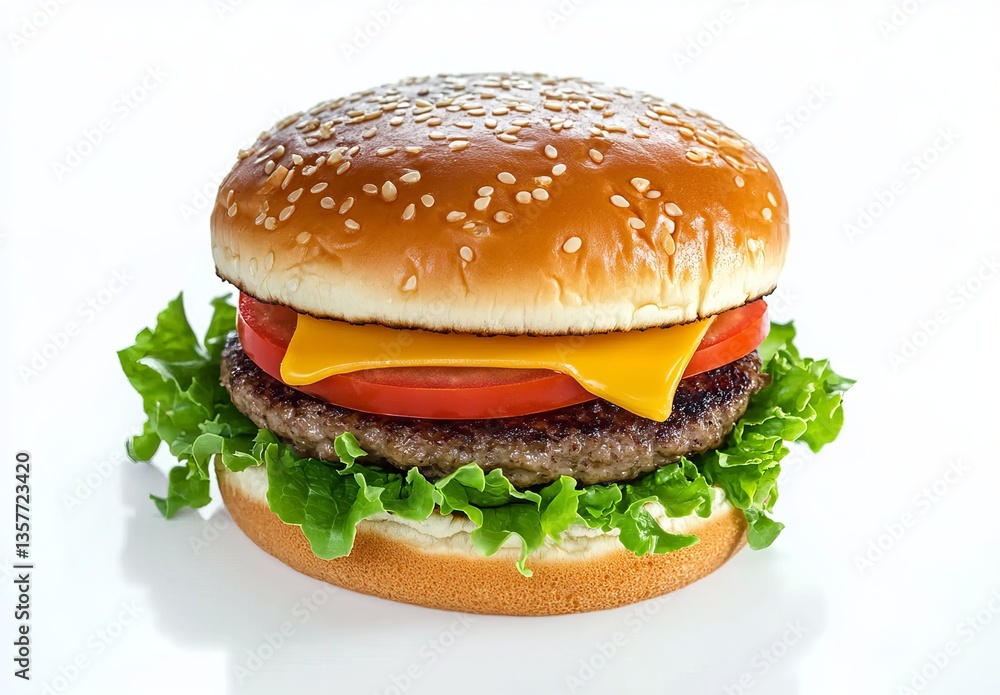 Surreal photograph of a delicious hamburger with lettuce, tomato, and cheese on a white background, side view, high resolution, studio lighting, soft shadows, natural light, natural colors, Surreal photograph of a delicious hamburger with lettuce, tomato, and cheese on a white background, side view, high resolution, studio lighting, soft shadows, natural light, natural colors,