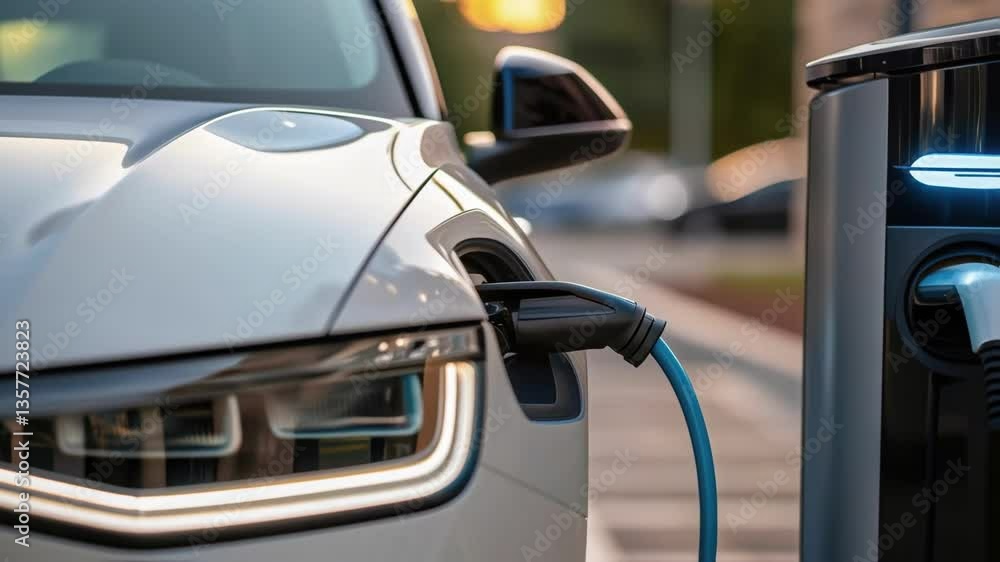 A medium closeup of an electric vehicle parked next to a charging station capturing the modern aesthetics and harmony between the two as the vehicle prepares for charging. A medium closeup of an electric vehicle parked next to a charging station capturing the modern aesthetics and harmony between the two as the vehicle prepares for charging.