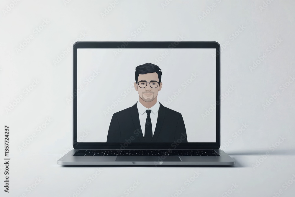 A businessman's portrait displayed on a laptop screen, symbolizing online communication and modern business. A businessman's portrait displayed on a laptop screen, symbolizing online communication and modern business.
