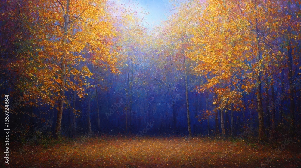 Fototapeta premium A serene forest scene with vibrant autumn foliage, showcasing golden leaves against a dark, moody background.