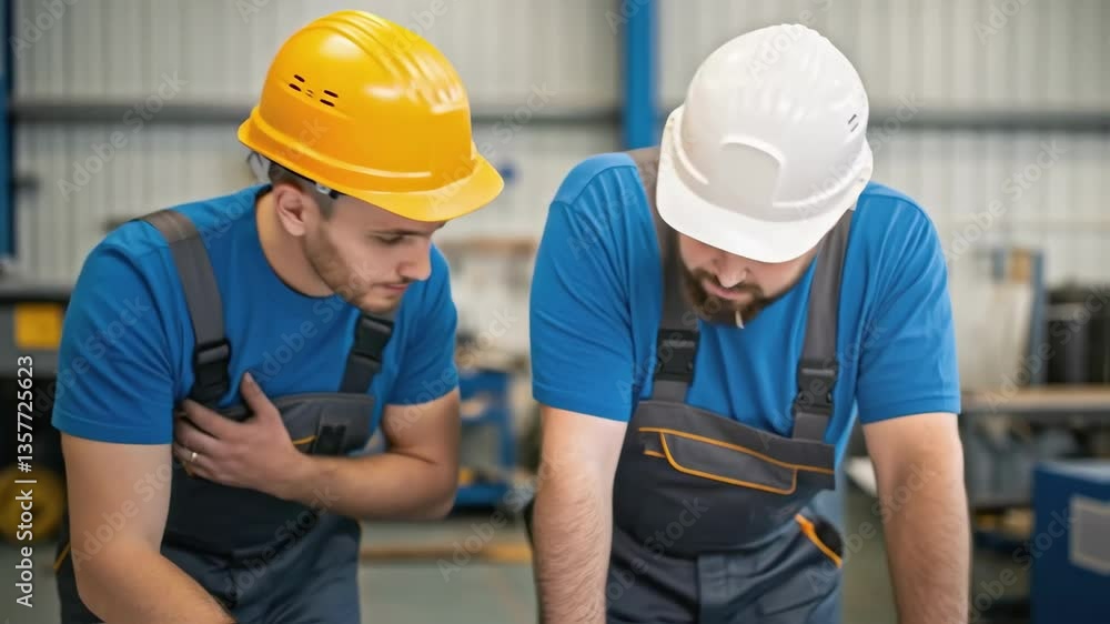 A medium closeup of a worker leaning over a blueprints folder tracing their finger along a schematic of the generator as a teammate discusses assembly steps showcasing the planning A medium closeup of a worker leaning over a blueprints folder tracing their finger along a schematic of the generator as a teammate discusses assembly steps showcasing the planning