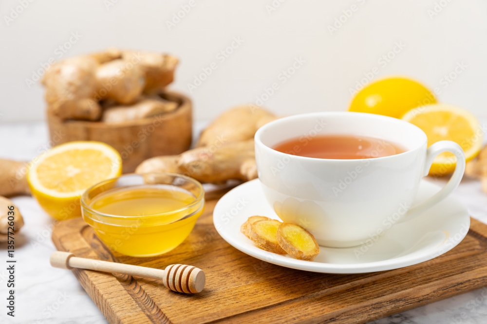 Cup of hot ginger tea with slices of ginger root on wooden background. Warming drink. Alternative medicine. Tea with honey, lemon, ginger and mint. Space for text. Copy space Cup of hot ginger tea with slices of ginger root on wooden background. Warming drink. Alternative medicine. Tea with honey, lemon, ginger and mint. Space for text. Copy space