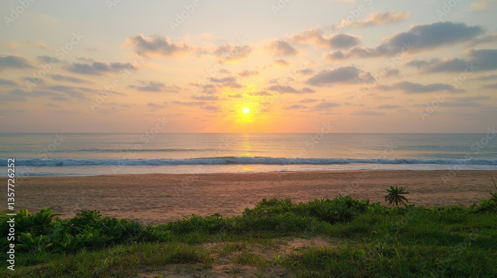 Obraz premium A serene beach at sunset, with gentle waves lapping at the shore and a vibrant sky filled with clouds illuminated by the setting sun.