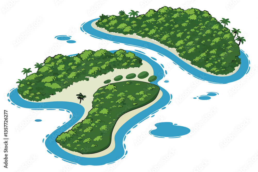 Obraz premium 39 Ecological footprint, green islands, blue water, foot-shaped landmass, aerial view, environmental concept, sustainability, carbon footprint visualization, miniature world, lush vegetation, tropical