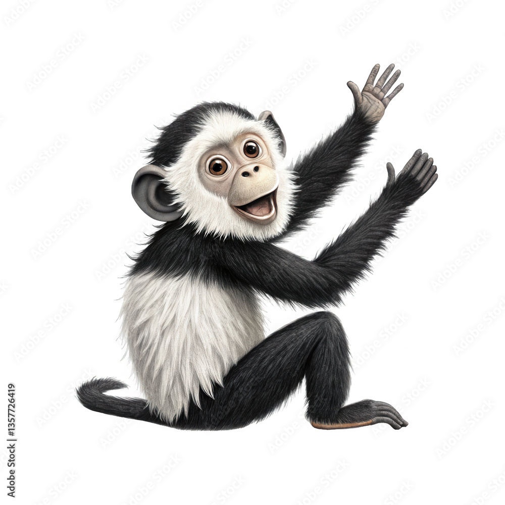A playful baby monkey with white chest fur excitedly welcomes you with open arms against a clean white background. A playful baby monkey with white chest fur excitedly welcomes you with open arms against a clean white background.