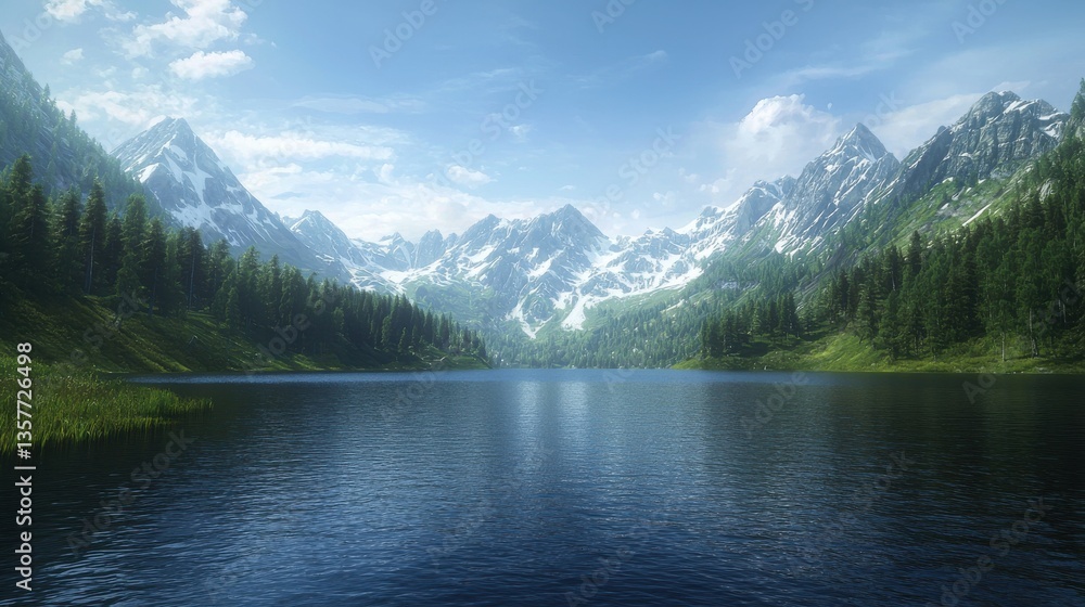 A serene lake surrounded by majestic mountains and lush forests, reflecting the clear blue sky, creating a tranquil natural landscape. A serene lake surrounded by majestic mountains and lush forests, reflecting the clear blue sky, creating a tranquil natural landscape.