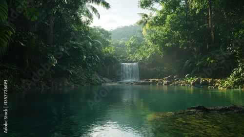 A serene jungle scene featuring a tranquil waterfall cascading into a clear pool, surrounded by lush greenery and vibrant foliage.