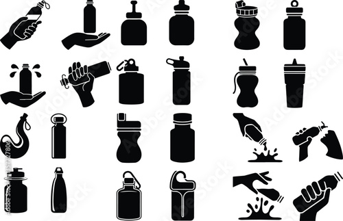 Set of silhouettes of water bottles, vector illustration Bottle Silhouettes Silhouette of man drinking water from bottle f water bottle with hat silhouette
