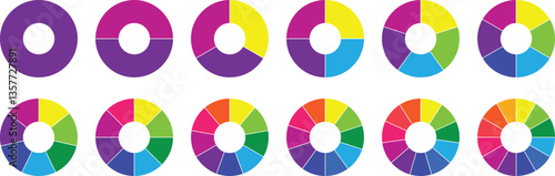 Pie chart set. Circle section graph. Different color circles. Pie chart divided 1,2,3,4,5,6,7,8,9,10,11,12 equal parts. pie chart infographic elements. Colorful diagram graphs. Vector illustration.