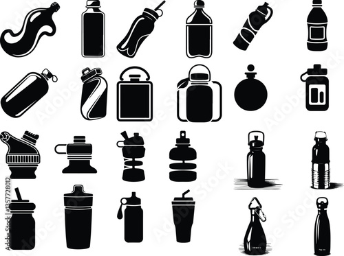 Set of silhouettes of water bottles, vector illustration Bottle Silhouettes Silhouette of man drinking water from bottle f water bottle with hat silhouette
