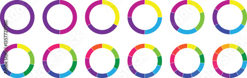 Pie chart set, segmented circle icons with circle diagram. Infographic wheel segment or sections parts. Pie chart divided Circle diagram collection. Color pizza or donut round diagram. Vector set