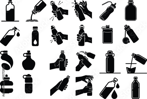 Set of silhouettes of water bottles, vector illustration Bottle Silhouettes Silhouette of man drinking water from bottle f water bottle with hat silhouette