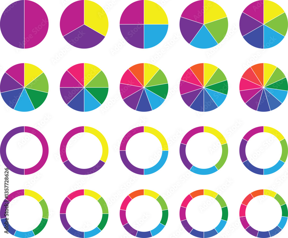Pie chart set, Circle icons for infographic. Circle sectiomn graph. Colorful diagram collection with 2,3,4,5,6,7,8,9,10 sections and steps. Circle pie chart diagram.