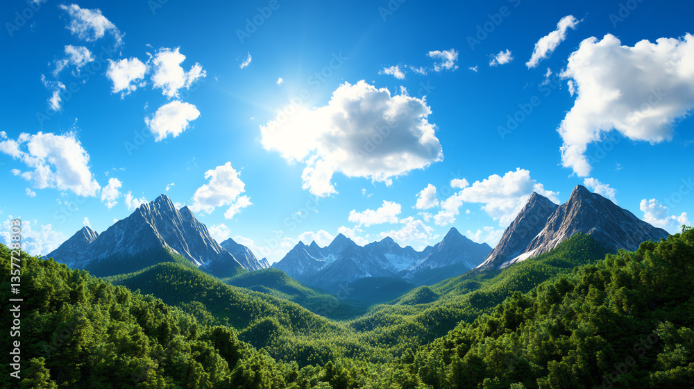 A breathtaking view of majestic mountains surrounded by lush greenery under a clear blue sky. The radiant sun and fluffy clouds add to the serene beauty of this natural landscape. A breathtaking view of majestic mountains surrounded by lush greenery under a clear blue sky. The radiant sun and fluffy clouds add to the serene beauty of this natural landscape.