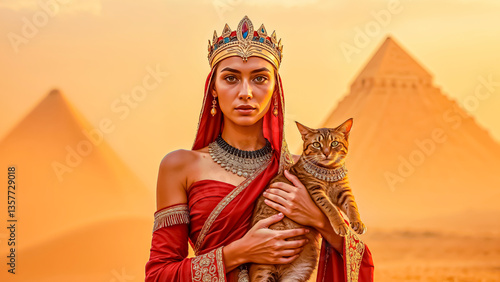 Portrait of Beautiful Ancient Egyptian Cat Goddess Bastet (Bast), Egypt.