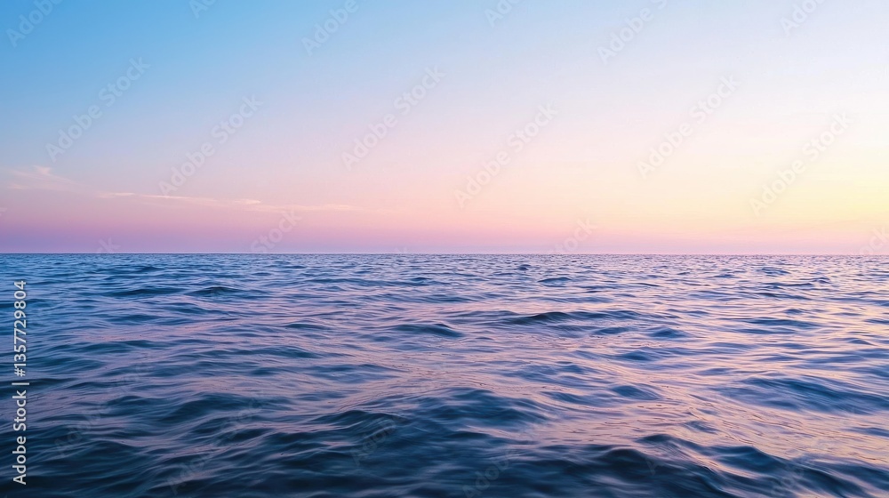 Fototapeta premium A serene ocean view at sunset, showcasing gentle waves and a gradient sky transitioning from blue to pink hues.