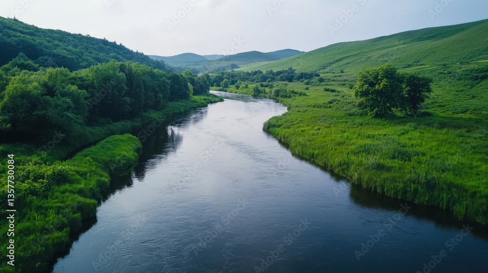 A serene landscape featuring a winding river surrounded by lush greenery and hills under a clear sky. A serene landscape featuring a winding river surrounded by lush greenery and hills under a clear sky.